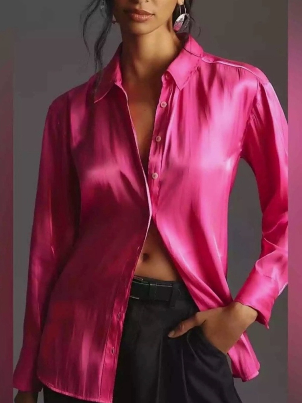 Anthropologie Silky Iridescent Fuchsia Button-Up Shirt